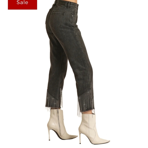 Rock & Roll Denim NWT Dark Wash High Rise Fringe Hem Cropped Straight Leg Wester - Picture 5 of 14